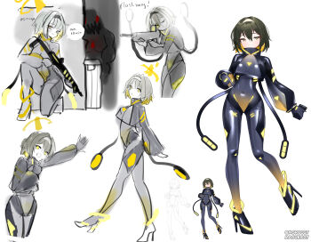 1girl absurdres black_bodysuit blonde_hair bodysuit breasts brown_hair colored_inner_hair commission covered_navel english_text full_body grey_bodysuit gun hairband halo high_heels highres holding holding_gun holding_weapon latex latex_bodysuit maguro27 medium_breasts monster multicolored_bodysuit multicolored_hair original pixiv_commission shiny_clothes short_hair skin_tight trigger_discipline two-tone_hair unfinished weapon white_background yellow_bodysuit yellow_eyes