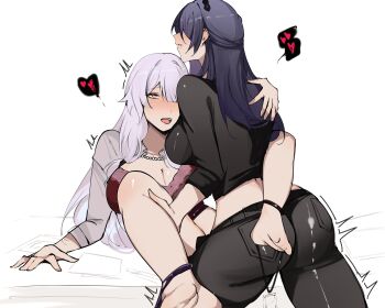 2girls absurdres acheron_(honkai:_star_rail) alternate_costume arnkun ass black_pants black_shirt black_swan_(honkai:_star_rail) bra breasts cleavage cowboy_shot from_behind futa_with_female futanari grey_shirt hair_ornament hair_over_one_eye hand_on_another&#039;s_shoulder hand_up heart highres honkai:_star_rail honkai_(series) jewelry large_breasts long_hair long_sleeves looking_at_another looking_up multiple_girls necklace on_table open_clothes open_mouth open_shirt pants paper pearl_necklace pink_eyes purple_hair red_bra sex shirt sidelocks simple_background standing table teeth trembling underwear vaginal white_background