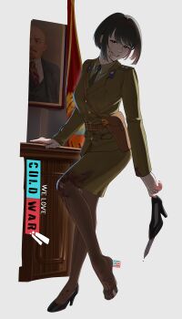 1girl absurdres belt black_hair blood blood_on_clothes blood_on_face bright_pupils desk flag green_jacket green_necktie green_shirt green_skirt gun hairband highres jacket kgb knife military_dress_uniform military_jacket military_uniform necktie original pantyhose portrait_(object) puto_trash red_hairband shirt shoe_knife shoulder_boards skirt skorpion_vz._61 smile solo soviet submachine_gun vladimir_lenin we_love_cold_war weapon white_background white_pupils
