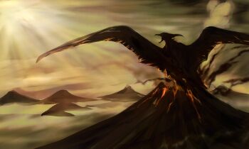 beak byneet cloud cloudy_sky day dusk elemental_(creature) eruption fire_elemental fog giant giant_monster godzilla:_king_of_the_monsters godzilla_(series) horns kaiju lava legendary_pictures monster monsterverse no_humans open_mouth overcast roaring rodan sky smoke toho volcano wings