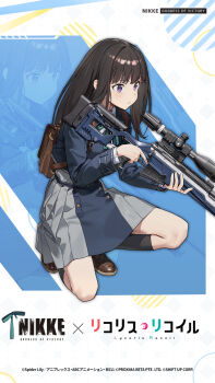 Rule 34 | 1girl, bag, black hair, black socks, blue shirt, brown bag, brown shoes, closed mouth, commentary request, full body, goddess of victory: nikke, grey skirt, gun, highres, holding, holding gun, holding weapon, inoue takina, long hair, long sleeves, lycoris recoil, official art, pleated skirt, purple eyes, rifle, school bag, shirt, shoes, skirt, sniper rifle, socks, solo, squatting, weapon