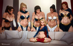 6+girls amazon_warrior armor artist_name bare_shoulders bikini_armor blonde_hair blue_eyes boots breasts cape circlet cleavage couch crop_top dc_comics female_focus highres imminent_gangbang large_breasts long_hair looking_at_viewer medium_breasts meme midriff miniskirt multiple_girls muscular muscular_female navel on_couch petite piper_perri_surrounded_(meme) red_cape signature skirt smile stomach supergirl superhero_costume superman_(series) surrounded surrounded tarakanovich western_comics_(style) wonder_woman_(series) yuri