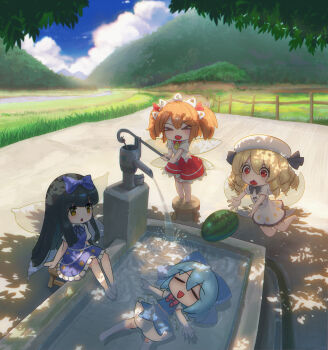 >_< 4girls absurdres afloat aged_down barefoot black_hair blonde_hair blue_bow blue_dress blue_hair bow child chinese_commentary cirno cloud collared_shirt commentary_request day detached_wings dress drill_hair fairy fairy_wings food frilled_dress frills fruit hair_bow headdress highres ice ice_wings long_hair luna_child multiple_girls neck_ribbon on_stool open_mouth orange_hair outdoors pinafore_dress red_eyes red_skirt ribbon shadow shirt sitting skirt sleeveless sleeveless_dress smile soaking_feet star_sapphire stool sunny_milk toorooo touhou water watermelon white_shirt wings