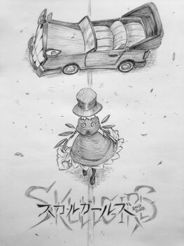 1girl absurdres akira_(manga) akira_movie_poster car chronozbergh commentary cyborg dress english_commentary frilled_dress frills from_above graphite_(medium) greyscale hat highres monochrome motor_vehicle parody peacock_(skullgirls) skullgirls solo top_hat traditional_media translation_request