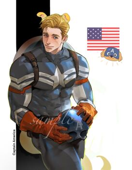 1boy american_flag animal_ears animal_nose belt black_border blonde_hair blue_bodysuit blue_eyes bodysuit border brown_belt captain_america captain_america_(series) character_name closed_mouth commentary covered_collarbone cowboy_shot dog_ears dog_tail english_commentary gloves helmet highres holding holding_unworn_helmet kemonomimi_mode lips looking_at_viewer male_focus marvel muscular muscular_male notice_lines pectorals pocket red_gloves sample_watermark shadow shield shield_on_back short_hair simple_background smile solo standing star_(symbol) star_print steve_rogers superhero_costume tail unworn_headwear unworn_helmet watermark white_background yiqianbixin