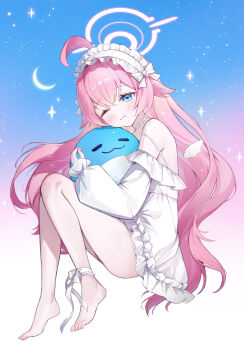 1girl absurdres ahoge alternate_costume bare_legs bare_shoulders barefoot blue_archive blue_eyes blush closed_mouth commentary_request dress hair_between_eyes hairband halo highres holding holding_toy hoshino_(blue_archive) jogabi lolita_fashion long_hair looking_at_viewer off-shoulder_dress off_shoulder one_eye_closed pink_hair pink_halo sidelocks solo stuffed_animal stuffed_toy toy white_dress white_hairband