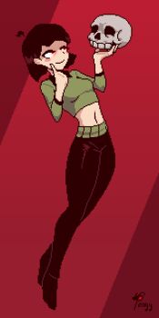 Rule 34 | 1boy, 1girl, alternate costume, blush stickers, chara (undertale), collared shirt, commentary, crop top, english commentary, finger to cheek, genderswap, genderswap (otf), green shirt, highres, holding, holding skull, midriff, pants, pixel art, red background, red eyes, red pupils, sans (undertale), shirt, signature, skull, tagme, undertale, user pongy25, utdr (toby fox)