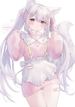 1girl absurdres animal_ears apron bandaid bandaid_on_leg blush cat_ears cat_girl cat_tail cleavage_cutout clothing_cutout commentary commission cowboy_shot dress frilled_apron frills hair_ornament hairclip hands_up heart heart_cutout heart_hair_ornament highres jacket jersey_maid long_hair looking_at_viewer maid maid_apron original pink_dress pink_eyes pink_jacket rucaco short_dress simple_background skeb_commission solo tail thighs track_jacket turtleneck turtleneck_jacket twintails unconventional_maid waist_apron white_apron white_background white_hair zipper_pull_tab