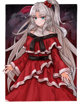 1girl aqua_eyes beads border commentary curtained_hair dress grey_hair hair_beads hair_ornament highres long_hair long_sleeves looking_at_viewer moon no_wings one_side_up red_dress red_moon shinki_(touhou) smile solo tentaizukan touhou touhou_(pc-98) very_long_hair white_border
