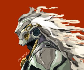 1boy absurdres artificial_eye banyue_(zenless_zone_zero) commentary_request from_side highres humanoid_robot long_hair male_focus mechanical_eye orb portrait red_background robot robot_boy s4no4no solo twitter_username white_hair zenless_zone_zero