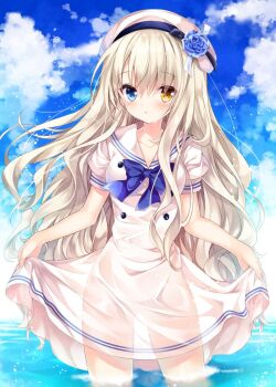 Rule 34 | 1girl, blonde hair, blue eyes, blue flower, blue rose, brown hair, commentary, flower, hair between eyes, heterochromia, long hair between eyes, luca (nogi takayoshi), nogi takayoshi, non-web source, original, rose