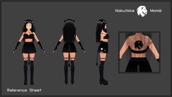 1girl 3d absurdres animal_ears artist_logo back_tattoo barcode barcode_tattoo black_footwear black_gloves black_hair black_nails black_skirt black_tail black_tank_top black_thighhighs black_tube_top boots breast_tattoo reference_sheet commentary english_commentary fingerless_gloves fingernails garter_belt garter_straps gloves grey_background heart heart_tattoo heterochromia high_heel_boots high_heels highres indie_virtual_youtuber knee_boots lion_ears lion_girl lion_tail logo long_hair midriff nail_polish nokutoka_momiji red_eyes skirt strapless tail tank_top tattoo thighhighs tube_top virtual_youtuber yellow_eyes