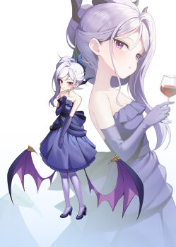 1girl absurdres black_halo blue_archive breasts demon_girl demon_horns demon_wings different_zoom_layer dress earrings elbow_gloves full_body gloves halo highres hina_(blue_archive) horns jewelry long_hair low_wings meng_e0215 necklace pendant purple_dress purple_eyes purple_gloves small_breasts solo standing white_hair wings