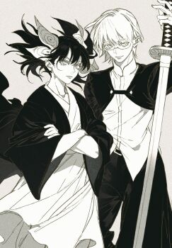 2girls character_request chinese_commentary collarbone collared_shirt commentary cropped_jacket crossed_arms dress_shirt floating_hair glasses granyon greyscale hair_behind_ear haori highres holding holding_weapon jacket japanese_clothes kagurabachi kimono light_frown looking_at_viewer monochrome multiple_girls ootachi open_clothes open_jacket semi-rimless_eyewear shirakai_kiri shirt short_hair short_twintails side-by-side simple_background smile standing tomboy twintails weapon