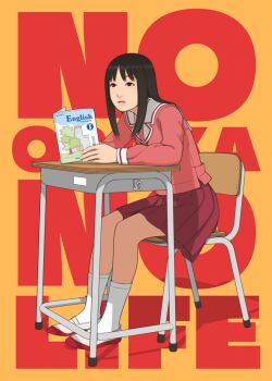 Rule 34 | 1girl, arm rest, azumanga daioh's school uniform, azumanga daiou, book, brown eyes, brown hair, chair, character name, comiket 103, commentary request, desk, english text, full body, kasuga ayumu, kneehighs, leaning forward, light frown, long hair, long sleeves, nose, on chair, open book, orange background, parted lips, pink shirt, pleated skirt, realistic, red skirt, red trim, sailor collar, school chair, school desk, school uniform, second-party source, serafuku, shinchou ni kansuru kousatsu, shirt, shoes, sidelocks, sitting, skirt, socks, solo, studying, textbook, title, unhappy, uwabaki, white sailor collar, white shoes, white socks, winter uniform