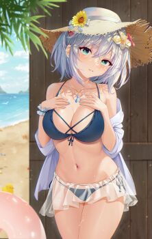 1girl absurdres beach bikini bikini_skirt blue_bikini blue_nails breasts cleavage cowboy_shot crab earrings flower frilled_wristband front-tie_bikini_top front-tie_top green_eyes hair_flower hair_ornament hands_on_own_chest hat hat_flower hat_ribbon highres hohan jewelry large_breasts looking_at_viewer multi-strapped_bikini_top nail_polish navel necklace off_shoulder open_clothes open_shirt original palm_tree parted_lips pendant ribbon rubber_duck sand seashell see-through_clothes see-through_skirt shell shirt short_hair side-tie_bikini_bottom skirt solo sparkling_eyes standing straight-on straw_hat string_bikini swimsuit tree water wet white_hair white_shirt