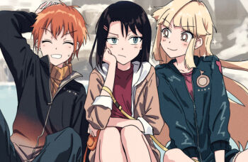 3girls ^_^ bang_dream! bang_dream!_girls_band_party! black_hair black_jacket blonde_hair blue_eyes blue_jacket blunt_sidelocks bright_pupils brown_eyes brown_jacket closed_eyes commentary feet_out_of_frame gradient_clothes gradient_jacket grin hair_ornament hairclip highres jacket kitazawa_hagumi long_hair long_sleeves medium_hair multiple_girls okusawa_misaki orange_hair orange_jacket orange_sweater parallel_hairclips pink_shirt red_shirt ribbed_sweater shirt short_hair sidelocks sitting sleeves_rolled_up smile sweatdrop sweater three-quarter_sleeves tsurumaki_kokoro v-shaped_eyebrows very_long_hair white_pupils yukitake_(bullfalk)