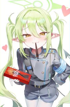 1girl absurdres armband black_jacket black_shorts black_tail blue_archive blue_armband closed_mouth commentary demon_tail fang food food_in_mouth gloves green_hair green_halo halo heart highres jacket long_hair long_pointy_ears long_sleeves looking_at_viewer minojko112 nozomi_(blue_archive) pantyhose pocky pocky_in_mouth pointy_ears short_shorts shorts skin_fang smile solo tail train_conductor twintails white_gloves white_pantyhose yellow_eyes
