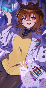 1girl absurdres agnes_tachyon_(tach-nology)_(umamusume) agnes_tachyon_(umamusume) ahoge animal_ears black_necktie black_pantyhose blush brown_hair coat commentary_request cork e=mc2_(equation) earrings flask hair_between_eyes highres holding holding_flask horse_ears horse_girl jewelry kasuokasuto lab_coat long_sleeves necktie open_mouth pantyhose paper red_eyes round-bottom_flask shirt short_necktie single_earring sleeves_past_fingers sleeves_past_wrists smile solo sweater sweater_vest test_tube umamusume white_coat wolf_cut yellow_sweater yellow_sweater_vest
