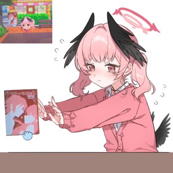 1girl alternate_costume black_wings blue_archive blush cardigan commentary disembodied_hand feathered_wings furrowed_brow halo hand_cursor head_wings highres kanai_ouo koharu_(blue_archive) long_sleeves low_wings manga_(object) outstretched_arms pink_cardigan pink_eyes pink_hair pink_halo pornography reaching reference_inset screenshot_inset simple_background solo table tomodachi_life tomodachi_life:_living_the_dream untranslatable_commentary upper_body white_background winged_halo wings