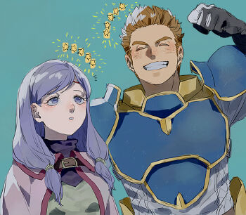 1boy 1girl 91007 armor blonde_hair blue_armor commentary_request fire_emblem fire_emblem:_path_of_radiance fire_emblem_heroes gatrie_(fire_emblem) ilyana_(fire_emblem) long_hair low-tied_long_hair low-tied_medium_hair nintendo purple_eyes purple_hair