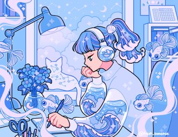 1girl blue_clouds blue_eyes blue_flower blue_hair blue_sweater blue_theme bookshelf calendar_(object) cat chair cloud commission computer constellation crescent_moon desk desk_lamp emily_kim fish flower forget-me-not_(flower) hair_ornament headphones highres holding holding_pen indoors lamp laptop liquid liquid_hair lofi_girl_(youtube) long_sleeves moon moon_phases notebook original pastel_colors pen ponytail scissors shell shell_hair_ornament sitting sparkle sweater turtleneck turtleneck_sweater underwater wave_print waves white_cat window