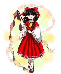Rule 34 | 1girl, absurdres, ascot, black hair, bow, closed mouth, commentary request, frilled bow, frills, full body, geta, gohei, hair bow, hair tubes, hakurei reimu, happy, highres, holding, holding gohei, layered sleeves, long hair, long sleeves, monodoku, red bow, red eyes, red ribbon, red shirt, red skirt, ribbon, sandals, shirt, short over long sleeves, short sleeves, sidelocks, simple background, skirt, smile, socks, standing, tabi, touhou, undershirt, white background, white shirt, white sleeves, white socks, wide sleeves, yellow ascot, zun (style)