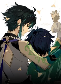 2boys absurdres ahoge alcohol arm_guards arm_tattoo arm_up back_cutout bead_necklace beads black_hair blue_hair braid cape chinese_commentary closed_mouth clothing_cutout cup facial_mark falling_leaves frilled_sleeves frills from_behind genshin_impact ginkgo_leaf gradient_hair green_cape green_hair hand_up highres holding holding_cup hug jewelry kayu_(yukagoin) leaf long_sleeves looking_at_another male_focus multicolored_hair multiple_boys necklace profile shirt short_hair short_hair_with_long_locks sidelocks simple_background single_bare_shoulder sitting sleeveless sleeveless_shirt tattoo twin_braids twitter_username two-tone_hair upper_body venti_(genshin_impact) white_background white_shirt xiao_(genshin_impact) yaoi yellow_eyes