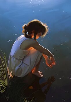 1girl aerith_gainsborough art_study bare_arms bare_shoulders barefoot braid braided_ponytail brown_hair choker closed_eyes dress final_fantasy final_fantasy_vii final_fantasy_vii_rebirth final_fantasy_vii_remake grass highres jeseni long_dress long_hair outdoors own_hands_together parted_bangs sidelocks single_braid sitting sleeveless sleeveless_dress solo water