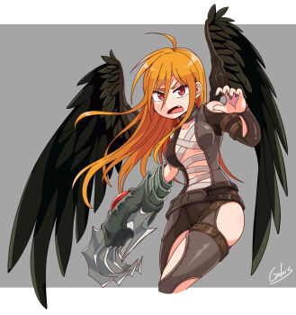 1girl absurdres ahoge black_wings breasts brown_gloves claw_(weapon) clothing_cutout commentary_request facial_mark fang fantasy_suhakdaejeon feathered_wings forehead_mark galois gloves hair_between_eyes highres hip_vent kei_(fantasy_suhakdaejeon) long_hair medium_breasts open_mouth orange_hair outside_border red_eyes shoulder_cutout signature solo underboob weapon wings