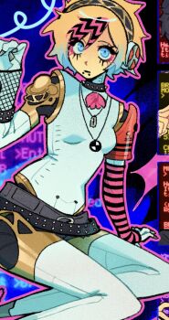 1girl aigis_(persona) alternate_costume android arm_warmers belt blonde_hair blue_eyes blue_hair bow bracelet collar hairband highres jewelry joints long_eyelashes looking_at_viewer multicolored_hair namw67 necklace persona persona_3 persona_3_reload pink_bow ribbon robot_joints scene_fashion short_hair single_arm_warmer single_fishnet_armwear sitting snakebite_(piercing) solo spiked_collar spikes striped_arm_warmers studded_belt studded_bracelet thick_eyelashes