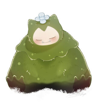 =_= blush closed_eyes closed_mouth commentary_request fangs flower full_body gen_1_pokemon highres moss mosslax nintendo no_humans pokemon pokemon_(creature) pokemon_focus pokemon_pokopia simple_background sitting snorlax solo white_background white_flower zero_(ribia)