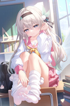 1girl absurdres adapted_costume alternate_costume art_study bag bag_charm black_bow black_hairband blue_eyes blush bow charm_(object) classroom closed_mouth commentary_request desk firefly_(honkai:_star_rail) firefly_(spring_missive)_(honkai:_star_rail) grey_hair hair_between_eyes hair_bow hairband hand_up highres honkai:_star_rail honkai_(series) indoors kuroida long_hair looking_at_viewer multicolored_eyes neckerchief no_shoes on_desk partial_commentary pink_eyes pink_sailor_collar pink_skirt sailor_collar school_bag school_desk shirt sitting skirt smile socks solo thighs toes two-tone_eyes white_shirt white_socks yellow_neckerchief