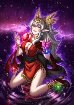 Rule 34 | 1girl, adricarra, artist name, breasts, cleavage, commentary, dark persona, dragonstone, dress, evil smile, eyes of grima, fire emblem, fire emblem awakening, grey hair, hair ornament, nintendo, pointy ears, ponytail, red dress, red eyes, sidelocks, sitting, smile, solo, tiki (adult) (fated divinity) (fire emblem), tiki (adult) (fire emblem), tiki (fire emblem)