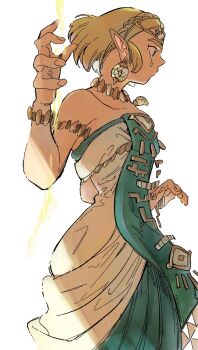 1girl armlet bare_shoulders blonde_hair bracelet braid circlet cowboy_shot crown_braid dress earrings highres jewelry long_dress magatama magatama_necklace necklace nintendo parted_bangs pointy_ears short_hair sidelocks solo strapless strapless_dress teardrop_facial_mark the_legend_of_zelda the_legend_of_zelda:_tears_of_the_kingdom thick_eyebrows umekigoedesu white_background white_dress