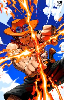 Rule 34 | 1boy, black hair, black shorts, borudbrian, cowboy shot, fire, hat, highres, jewelry, male focus, midair, necklace, one piece, orange hat, portgas d. ace, short hair, shorts, shoulder tattoo, solo, tattoo, topless male