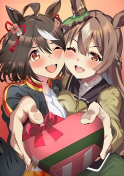 Rule 34 | 2girls, ahoge, animal ears, black hair, black jacket, blush, box, brown hair, cheek-to-cheek, commentary request, ear ornament, fingernails, gift, gift box, hair between eyes, heads together, heart-shaped box, highres, holding, holding box, holding gift, horse ears, horse girl, incoming gift, jacket, kitasan black (casual) (umamusume), kitasan black (umamusume), long hair, long sleeves, looking at viewer, muku (yx388140p15), multicolored hair, multiple girls, one eye closed, open clothes, open jacket, open mouth, red ribbon, ribbon, satono diamond (umamusume), short hair, smile, streaked hair, teeth, two side up, umamusume, upper teeth only, valentine, white streaks