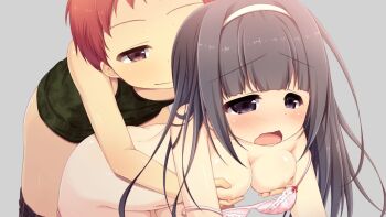 1boy 1girl all_fours aoi_aruma bent_over black_eyes black_hair blunt_bangs blush bra breasts cleavage closed_mouth clothed_male_nude_female clothes_pull collarbone cowboy_shot doggystyle embarrassed game_cg grabbing_another&#039;s_breast grabbing_from_behind green_tank_top grey_background groping hairband half-closed_eyes humping izuno_shiun_(jissai_no_tokoro) jissai_no_tokoro large_breasts long_hair nipples nude open_mouth pink_bra raised_inner_eyebrows red_eyes red_hair sex sex_from_behind shinonome_mozuku_(jissai_no_tokoro) short_hair shorts shorts_pull sidelocks simple_background standing straight_hair tank_top tareme underwear very_long_hair very_short_hair wavy_mouth white_hairband