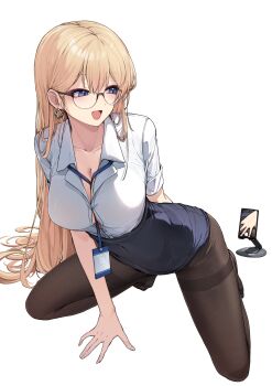 1girl between_breasts black_skirt blonde_hair blue_eyes breasts brown_pantyhose button_gap cellphone cleavage collarbone collared_shirt covering_privates ddangbi dress_shirt earrings glasses high-waist_skirt highres jewelry kneeling lanyard large_breasts long_hair looking_to_the_side office_lady open_mouth original pantyhose phone phone_stand semi-rimless_eyewear shirt shirt_tucked_in short_sleeves simple_background skirt smartphone smile solo taking_picture thighband_pantyhose under-rim_eyewear very_long_hair white_background white_shirt