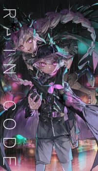 1boy 1girl absurdres belt black_dress black_footwear black_gloves black_horns black_jacket black_nails black_shorts black_sleeves black_thighhighs book boots braid cape city_lights closed_mouth commentary copyright_name crown detached_sleeves dress english_commentary fingerless_gloves floating frown gloves hair_ribbon hat high_heel_boots high_heels highres holding holding_book horns jacket key long_hair long_sleeves looking_at_viewer master_detective_archives:_rain_code multicolored_hair mura_karuki nail_polish open_mouth outdoors pink_eyes pink_hair purple_hair rain ribbon shinigami_(rain_code) short_hair shorts smile standing thighhighs twin_braids two-tone_hair very_long_hair white_hair white_ribbon yuma_kokohead