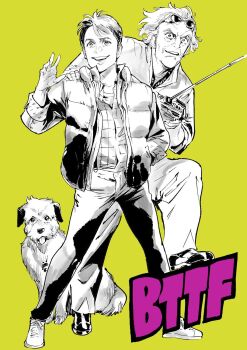 Rule 34 | 3boys, ahn dongshik, back to the future, checkered clothes, checkered shirt, collared shirt, commentary request, controller, copyright name, denim, denim jacket, dog, down vest, einstein (back to the future), emmett brown, fingernails, full body, greyscale with colored background, hand in pocket, hand on another's shoulder, highres, holding, holding remote control, jacket, jumpsuit, long sleeves, looking at viewer, male focus, marty mcfly, medium hair, multiple boys, old, old man, open mouth, pants, radio controller, remote control, shirt, shoes, short hair, simple background, sleeves rolled up, smile, sneakers, straight-on, sunglasses, suspenders, tongue, tongue out, undershirt, vest, wrinkled skin, yellow background