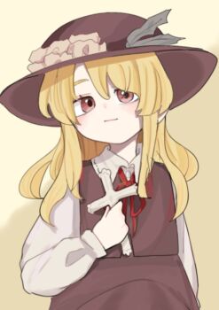 1girl blonde_hair brown_eyes brown_hat brown_skirt brown_vest closed_mouth commentary_request cross dolls_in_pseudo_paradise feathers fedora frilled_hat frills green_feathers hat hat_feather highres holding holding_cross jacket_girl_(dipp) light_blush long_hair long_sleeves meru_(pixiv113583666) neck_ribbon red_ribbon ribbon simple_background skirt solo touhou vest yellow_background