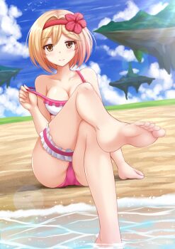 10s 1girl bare_shoulders barefoot beach bikini blonde_hair blush breasts cleavage cloud collarbone crossed_legs day djeeta_(granblue_fantasy) eyebrows feet female_focus floating_island frilled_thigh_strap granblue_fantasy hair_ornament hairband hairclip highres kazenokaze lens_flare looking_at_viewer medium_breasts off_shoulder outdoors sand short_hair sitting sky smile soaking_feet soles solo swimsuit thigh_strap toes wading water yellow_eyes