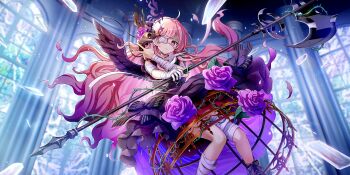 1girl alternate_costume bandage_on_thigh bandaged_hand bandages black_corset black_dress black_wings broken_glass chuunibyou closed_mouth corset crinoline dress eyepatch falling_petals feathered_wings flower frown game_cg glass goth_fashion halberd hata_no_kokoro highres holding holding_mask holding_polearm holding_weapon long_hair looking_at_viewer mask medical_eyepatch official_art petals pink_hair polearm purple_flower purple_petals purple_rose rose single_wing solo third-party_source thorns tokeshi touhou touhou_lostword very_long_hair weapon wings