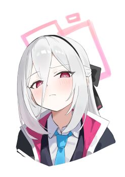 1girl absurdres black_bow black_hairband black_vest blue_archive blue_necktie blush bow closed_mouth commentary cropped_shoulders hair_between_eyes hairband half_updo halo highres jacket kei_(blue_archive) kei_(new_body)_(blue_archive) long_hair long_hair_between_eyes looking_at_viewer necktie neranainerune pink_eyes pink_halo rectangular_halo ringed_eyes shirt simple_background solo vest white_background white_hair white_shirt