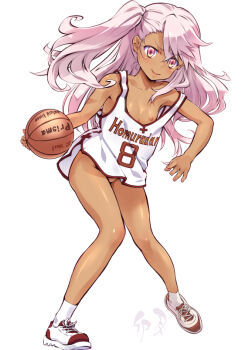 1girl ball bare_arms bare_shoulders basketball_(object) basketball_uniform bottomless chloe_von_einzbern clothes_writing collarbone commentary_request dark-skinned_female dark_skin fate/kaleid_liner_prisma_illya fate_(series) flat_chest loli long_hair looking_at_viewer nipples pink_eyes pink_hair shoes simple_background smile sneakers socks solo sportswear suzuki24 tank_top two_side_up v-shaped_eyebrows white_background white_socks