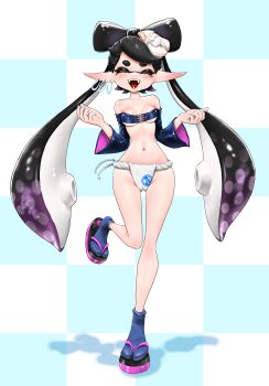 1girl black_hair callie_(splatoon) cameltoe checkered_background closed_eyes earrings female_focus fundoshi geta hair_ornament highres hoop_earrings inkling japanese_clothes jewelry koharu2.5 long_hair nintendo solo splatoon_(series) splatoon_1 tabi tagme tentacle_hair