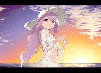 1girl atsuko_(blue_archive) atsuko_(swimsuit)_(blue_archive) bikini blue_archive breasts camera cloud coat commentary_request cross_halo floral_print floral_print_bikini frilled_bikini frills grey_halo halo hat highres holding holding_camera horizon jacket korean_commentary long_hair looking_at_viewer nasipeuran navel ocean official_alternate_costume ponytail print_bikini purple_hair red_eyes see-through_clothes see-through_coat see-through_jacket sky small_breasts smile solo sun_hat sunset swimsuit white_bikini white_halo white_hat