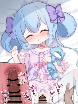 1boy 1girl bar_censor blush bow censored choker closed_eyes clothed_female_nude_male clothed_sex cross-section cum cum_in_pussy dress ejaculation hair_between_eyes hair_bow hetero highres internal_cumshot loli long_hair lying missionary nude on_back ongeki open_mouth paid_reward_available penis pink_bow pov purple_bow pussy sex sleep_molestation solo_focus spread_legs stuffed_toy suzushima_arisu sweat uterus vaginal veins veiny_penis waon_(43ctw) x-ray