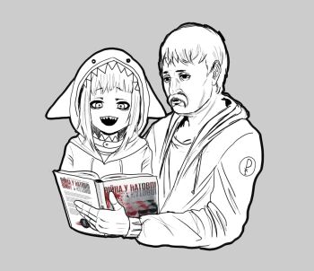 Rule 34 | 1boy, 1girl, book, cross, cyrillic, dmytro korchynsky, facial hair, gawr gura, hololive, hololive english, hood, hoodie, limestone (artist), long hair, mustache, orthodox cross, reading, real life, russo-ukrainian war, shark girl, shark tooth, short hair, track suit, ukrainian text